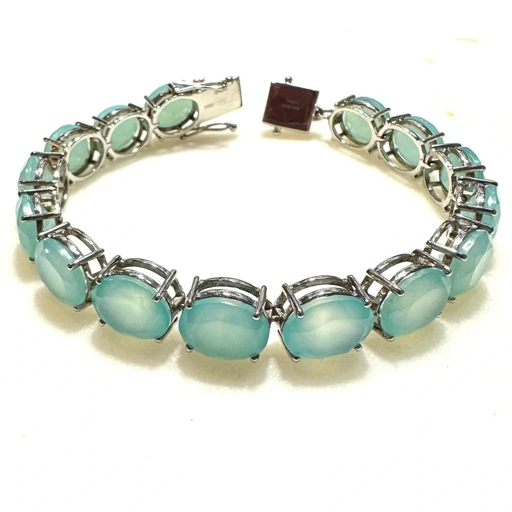 Oval Faceted Aqua Blue Chalcedony Sterling Silver Line Tennis Bracelet 12mm